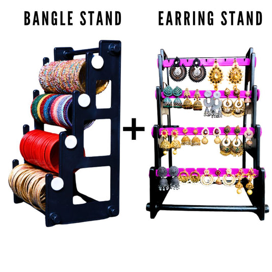 Single Side 4 Step Bangle Stand(Black and White) & Single Side Earring Stand(Black and Pink) Combo