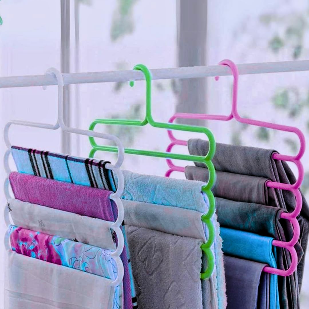5 Layer Clothes Hanger (Set of 5) | Wardrobe Storage Organizer | Multi-Layer Cloth Hangers | Plastic Cloth Hanger for Shelf 5 Step Multi Colour