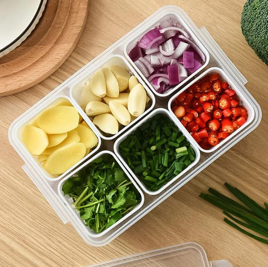 6-Compartment Fridge Storage Container - Stackable, Durable Kitchen Organizer