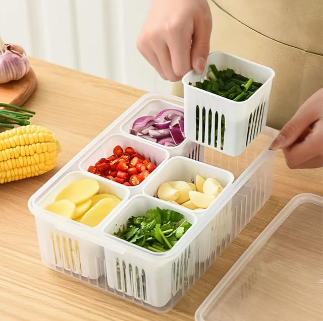 6-Compartment Fridge Storage Container - Stackable, Durable Kitchen Organizer