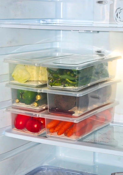Fridge Storage Box (Pack of 6) | Fridge Storage Containers | Fridge Organiser Boxes with Drain Trays | Easy Store and Clean Transparent Container boxes | Freezer Storage Boxes