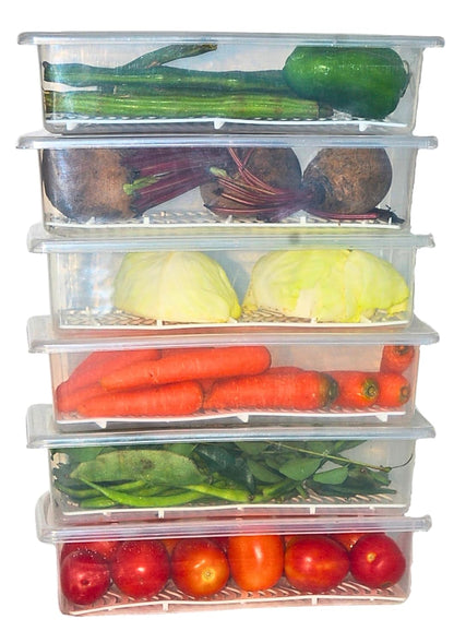 Fridge Storage Box (Pack of 6) | Fridge Storage Containers | Fridge Organiser Boxes with Drain Trays | Easy Store and Clean Transparent Container boxes | Freezer Storage Boxes