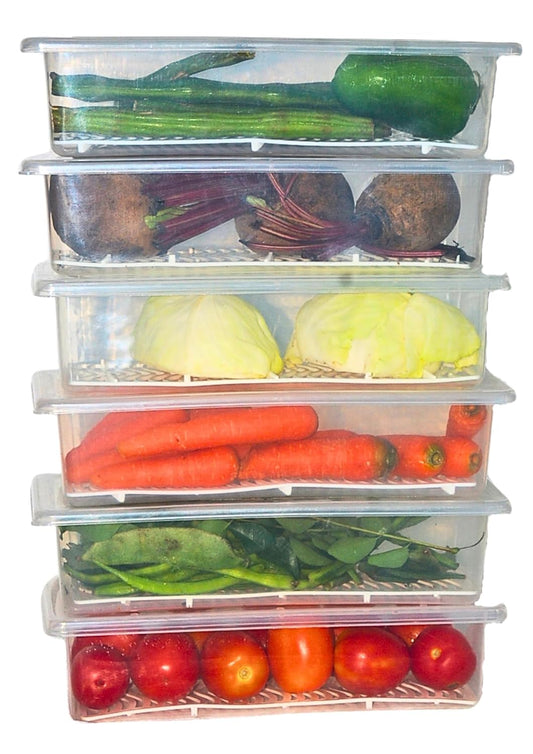 Fridge Storage Box (Pack of 6) | Fridge Storage Containers | Fridge Organiser Boxes with Drain Trays | Easy Store and Clean Transparent Container boxes | Freezer Storage Boxes