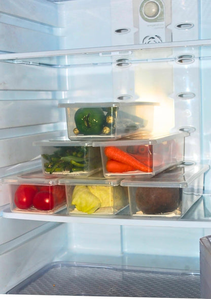 Fridge Storage Box (Pack of 6) | Fridge Storage Containers | Fridge Organiser Boxes with Drain Trays | Easy Store and Clean Transparent Container boxes | Freezer Storage Boxes